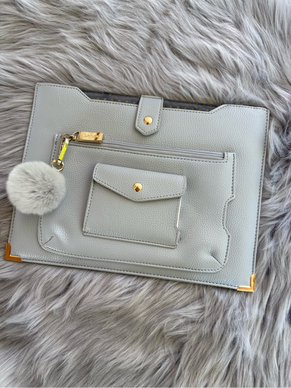 Light Gray Pompom Accent Leather iPad sleeve